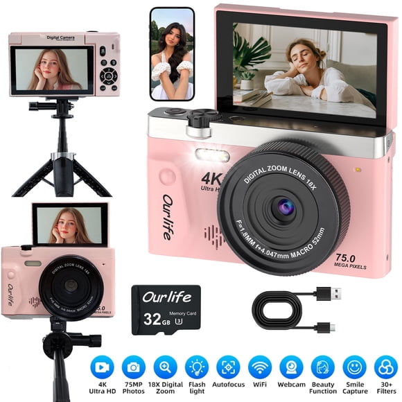 Ourlife 4K 75MP Digital Camera for Photography, Autofocus Vlogging Camera with 18X Zoom, 3" Flip Screen,pink