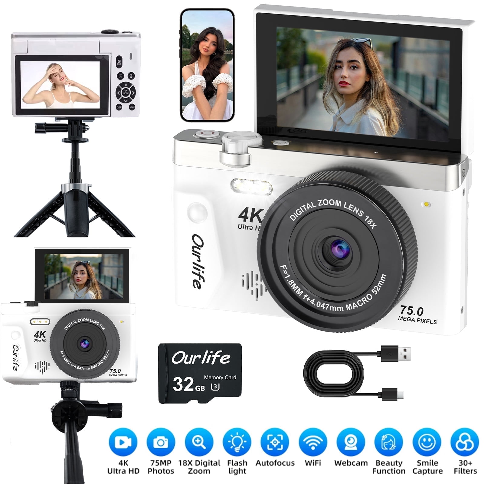Ourlife 4K 75MP Digital Camera for Photography, Autofocus Vlogging Camera with 18X Zoom, 3" Flip Screen,white