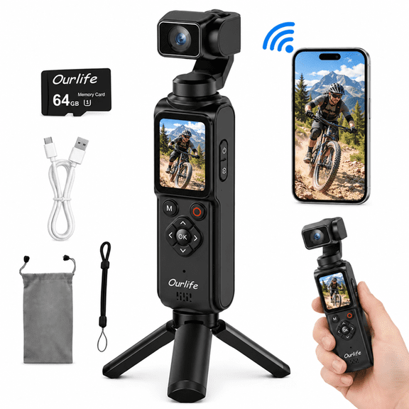 Ourlife 4K Vlogging Camera 75MP Photos Digital Pocket Gimbal Camera with 330° Rotating Lens AI Face Tracking 1.72" Touchscreen 64GB Card Black