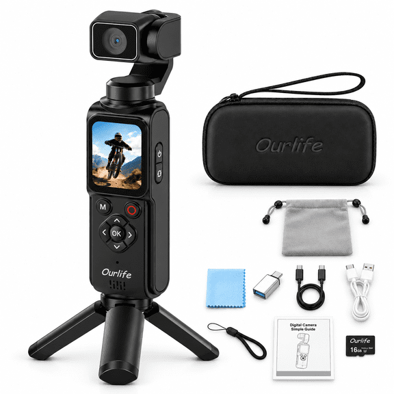 Ourlife 4K Vlogging Camera, Pocket Gimbal Camera with 75MP Photos, 330° Rotating Lens, AI Face Tracking & 16GB Card for Travel and Photography,Black