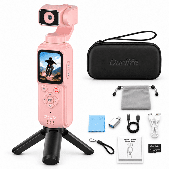 Ourlife 4K Pocket Gimbal Vlogging Camera 75MP Photos AI Face Tracking 2400mAh Ultra-Long Battery Life Travel Video Camera for Youtube Creators Pink