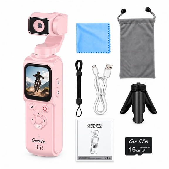 Ourlife 4K Pocket Gimbal Vlogging Camera 75MP Photos AI Face Tracking 2400mAh Ultra-Long Battery Life Travel Video Camera for Youtube Creators Pink