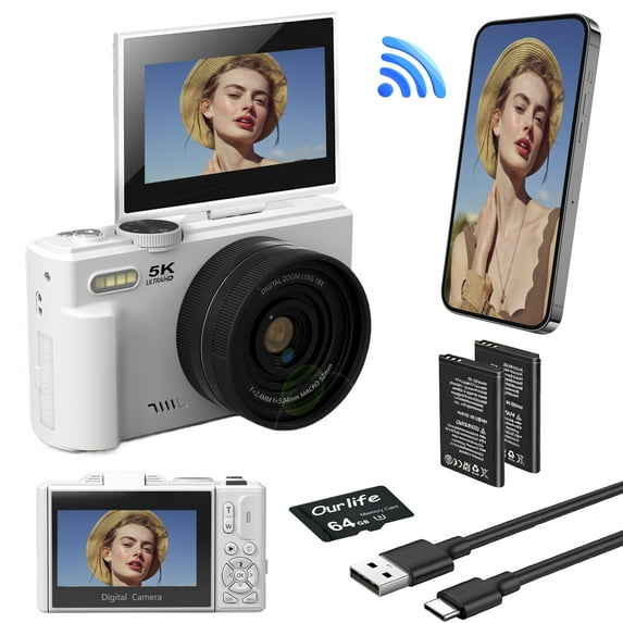 Ourlife 5K Digital Camera for Photography, 75MP Vlogging Camera for YouTube with 3" 180° Flip Screen, 18X Digital Zoom Point and Shoot Camara with 64GB Micro SD Card for Beginner (White)