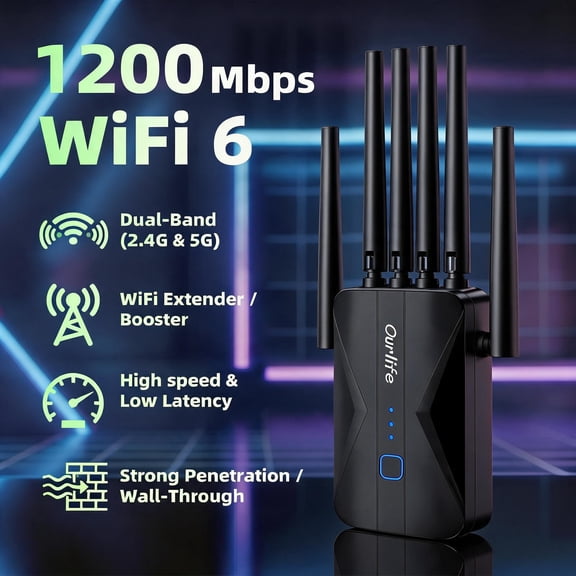 Ourlife 6-Antenna Dual Band Wifi Extender Booster, AC1200 2.4GHz & 5GHz Wireless Signal Repeater, Long Range Wall-Through Amplifier, AP/Router Mode (Black)