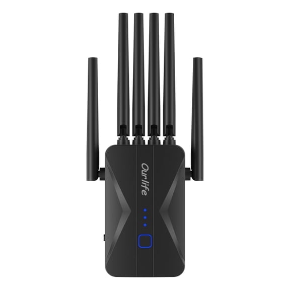 Ourlife 6-Antenna Dual Band Wifi Extender Booster, AC1200 2.4GHz & 5GHz Wireless Signal Repeater, Long Range Wall-Through Amplifier, AP/Router Mode (Black)