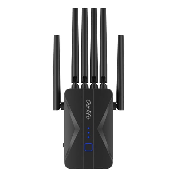 Ourlife 6-Antenna Dual Band WiFi Extender Booster, AC1200 2.4GHz & 5GHz Wireless Signal Repeater, Long Range Wall-Through Amplifier, AP/Router Mode (Black)