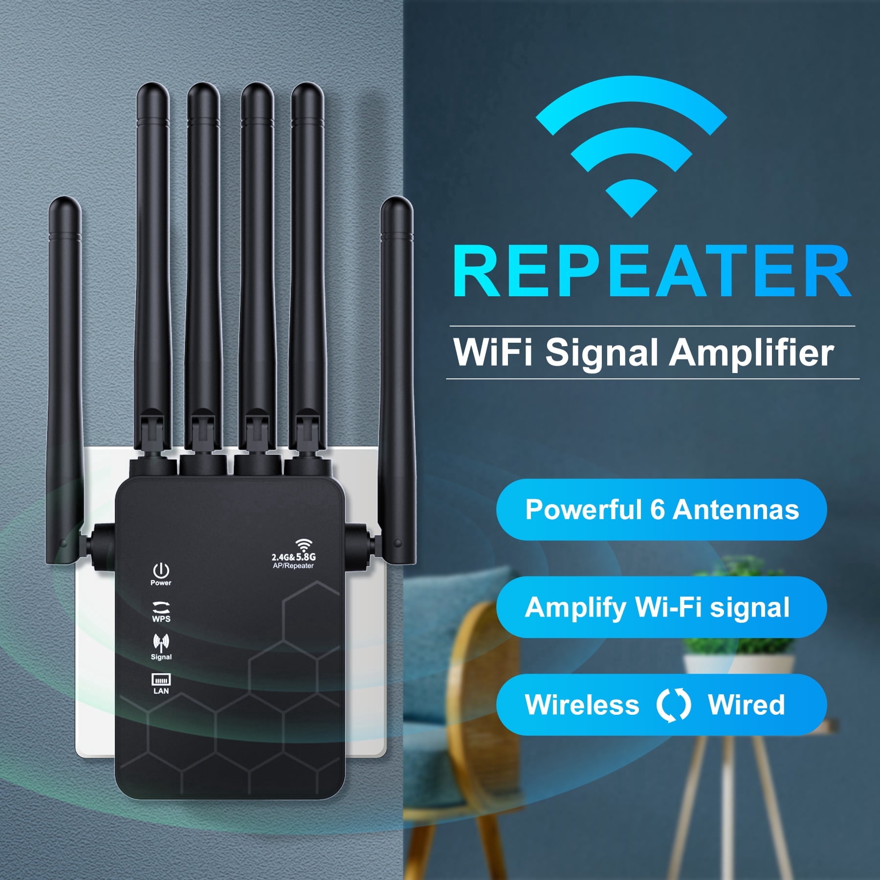 Ourlife 6 external antenna Network, 2026 WiFi Extender Wireless Dual-Band WiFi Repeater 1200Mbps, Signal Amplifier Extender Router Long Distance, Black.