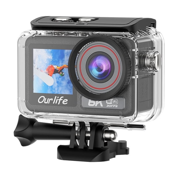 Ourlife 6K Action Camera 75MP, Dual Screen WiFi Sports Camera with EIS, 170 Wide Angle, 64GB Card and 2 Batteries