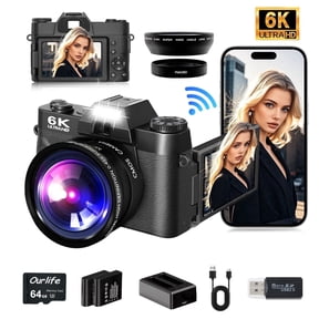 Ourlife 6K Digital Camera 64MP 16X Zoom WiFi, Wide-Angle & Macro Lens Autofocus WiFi Vlogging Camera for Youtube Tiktok Content Creator 64GB Card Black