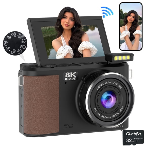 Ourlife 8K 88MP Digital Camera, WiFi Autofocus Vlogging Camera for YouTube TikTok, 3" Screen, 18X Zoom, 32GB Card, Black