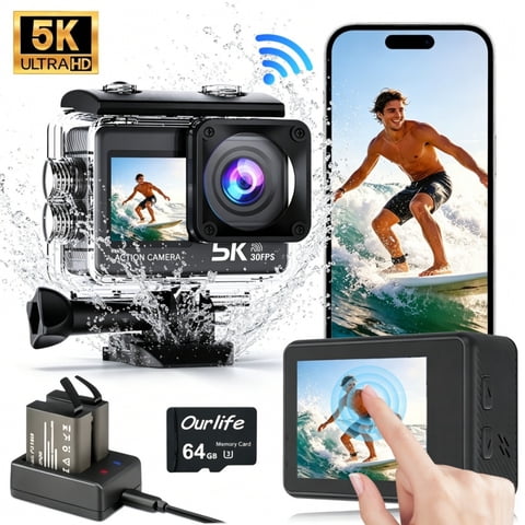 Ourlife Action Camera 5K 30FPS Waterproof Camera Underwater 100FT with EIS WiFi App Remote Control 64GB Card 170 Wide Angle Sports Helmet  Video