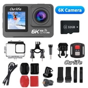 Ourlife Action Camera 6K 30FPS 50MP Waterproof Camera Underwater with EIS for Snorkeling Helmet Bike, 5X Zoom 170  Wide Angle WiFi Remote Control Sports Camera with Touch Screen, 32GB Card