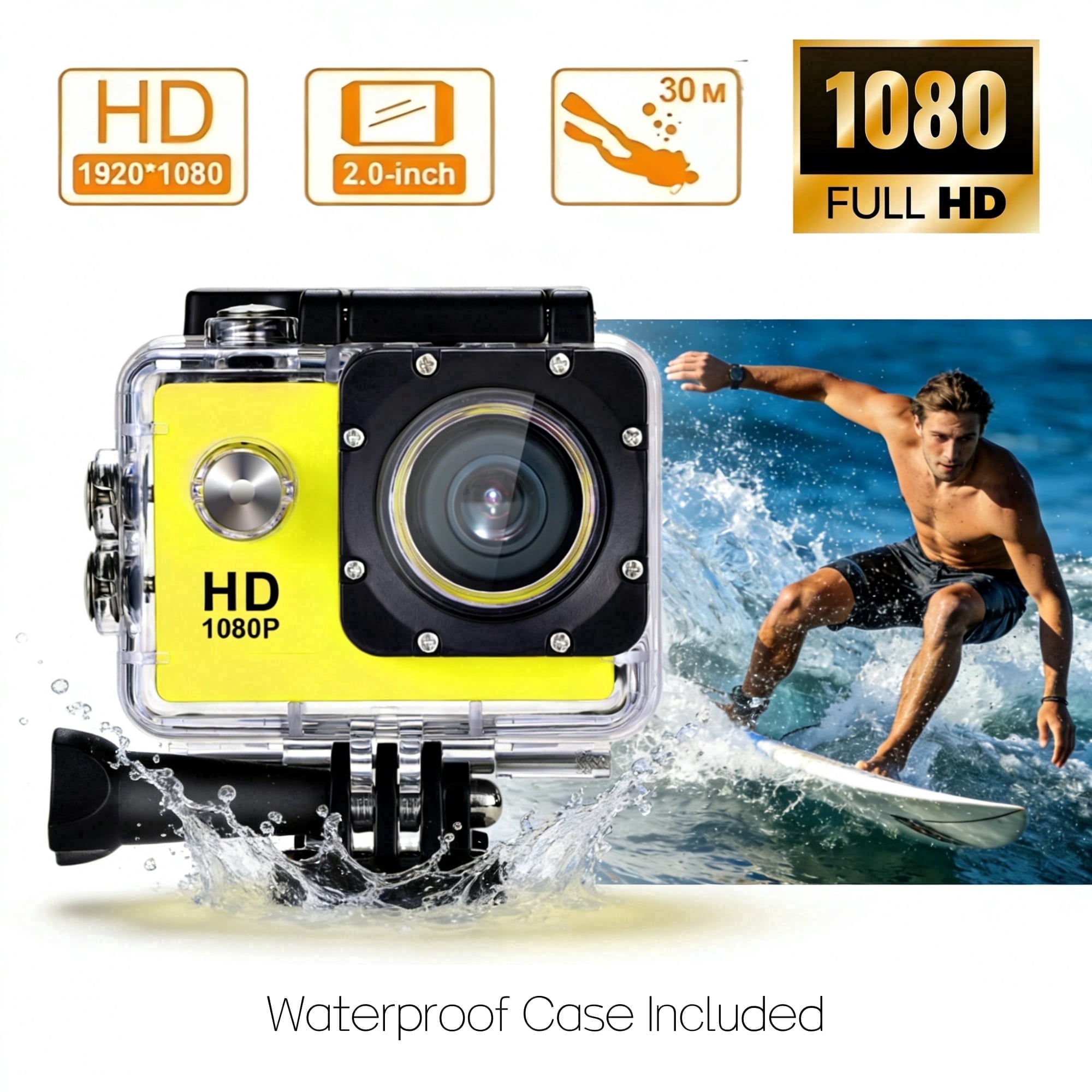 Action Camera 1080P HD with Waterproof Case 30M Wearable Pocket Video Camera with 90° Wide Angle 12MP Photos 32GB Support, Mini Sports Camera for Teens Cycling Diving Outdoor Adventure Yellow