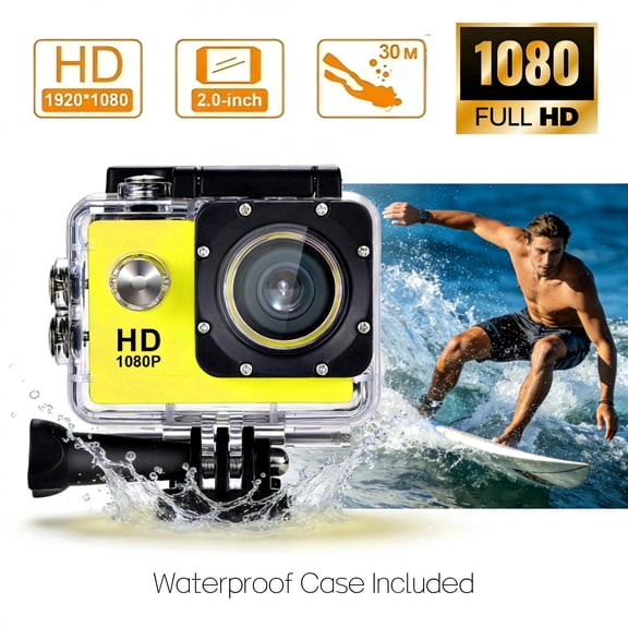 Action Camera 1080P HD with Waterproof Case 30M Wearable Pocket Video Camera with 90° Wide Angle 12MP Photos 32GB Support, Mini Sports Camera for Teens Cycling Diving Outdoor Adventure Yellow