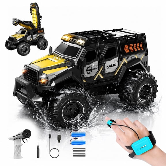 Ourlife Amphibious Snake RC Car with Water Spray, 1:14 Remote Control Vehicle for Kids, All Terrain 360° Rotating Toy with Lights and Music Black
