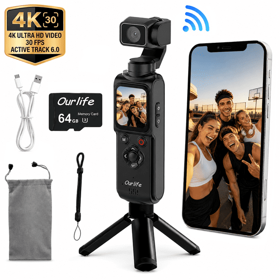 Ourlife 4K Pocket Gimbal Camera, 75MP AI Face Tracking Vlog Camera, 330° Rotating Lens, 1.72" Touch Screen, 64GB Memory Card, 2400mAh Battery, Black