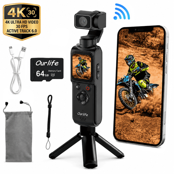 Ourlife 4K Pocket Gimbal Camera with 330° Rotation, 1.72" Touch Screen, Face Tracking, 2400mAh Battery, 64GB Card, Black, for Vlogging