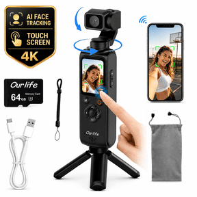 Ourlife 4K Pocket Gimbal Camera, 75MP AI Face Tracking Vlog Camera, 330° Rotating Lens, 1.72" Touch Screen, 64GB Memory Card, 2400mAh Battery, Black