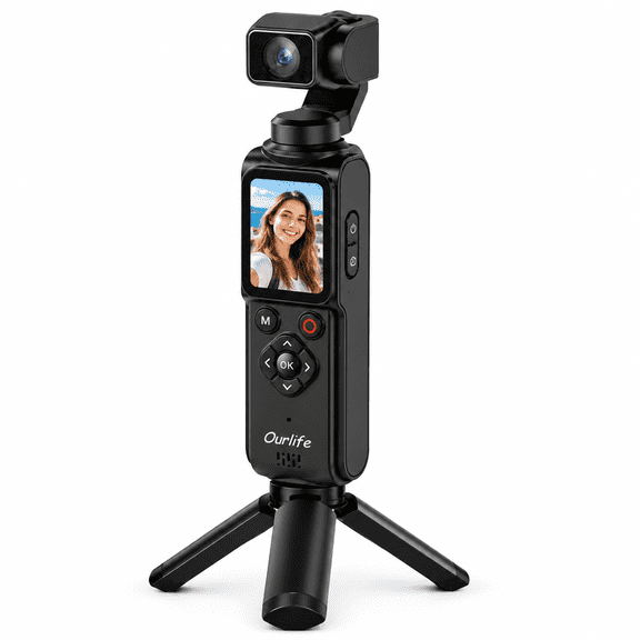 Ourlife 4K Vlogging Camera, Pocket Gimbal Camera with 330° Rotating Lens, AI Face Tracking, 75MP Photos, 1.72" Touchscreen, 2400mAh Battery, 64GB Card, Black