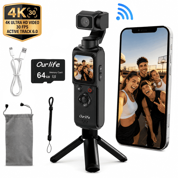 Ourlife 4K Pocket Gimbal Camera, 75MP AI Face Tracking Vlog Camera, 330° Rotating Lens, 1.72" Touch Screen, 64GB Memory Card, 2400mAh Battery, Black