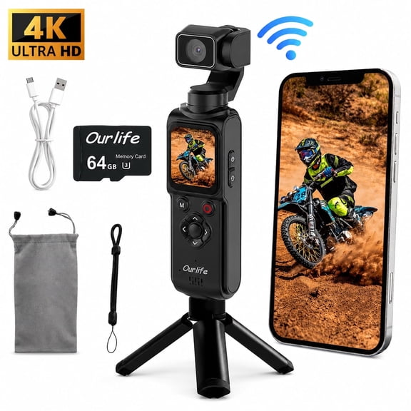 Ourlife 4K Digital Camera with 330° Rotating Gimbal, 1.72" Touch Screen, Face Tracking, 2400mAh Battery, 64GB Card, Pocket Camera for Vlogging