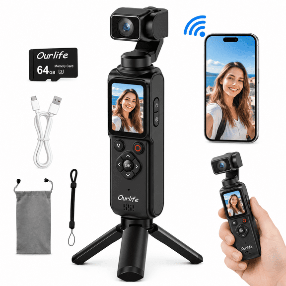 Ourlife 4K Vlogging Camera, Pocket Gimbal Camera with 330° Rotating Lens, AI Face Tracking, 75MP Photos, 1.72" Touchscreen, 2400mAh Battery, 64GB Card, Black