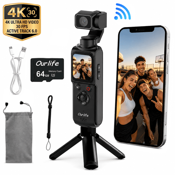 Ourlife 4K Pocket Gimbal Camera, 75MP AI Face Tracking Vlog Camera, 330° Rotating Lens, 1.72" Touch Screen, 64GB Memory Card, 2400mAh Battery, Black