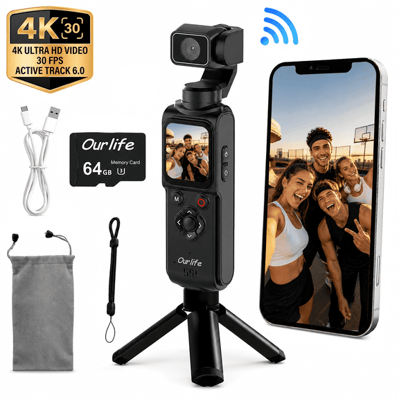 Ourlife 4K Pocket Gimbal Camera, 75MP AI Face Tracking Vlog Camera, 330° Rotating Lens, 1.72" Touch Screen, 64GB Memory Card, 2400mAh Battery, Black