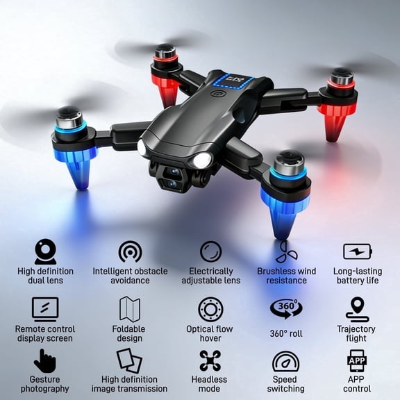 Ourlife Brushless Foldable Drone with Dual HD Cameras, 2.4G Screen Remote, 2 Batteries, Obstacle Avoidance RC Quadcopter Toy, Black