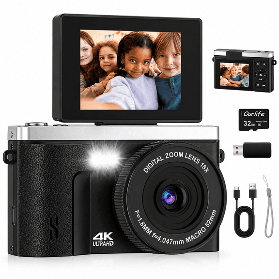 Ourlife Digital Camera for Kids, 4K 48MP Point and Shoot Camera with 2.0" Flip Screen, 18X Digital Zoom, Anti Shake, 32GB Memory Card, Compact Camera for Teens & Beginners, Black