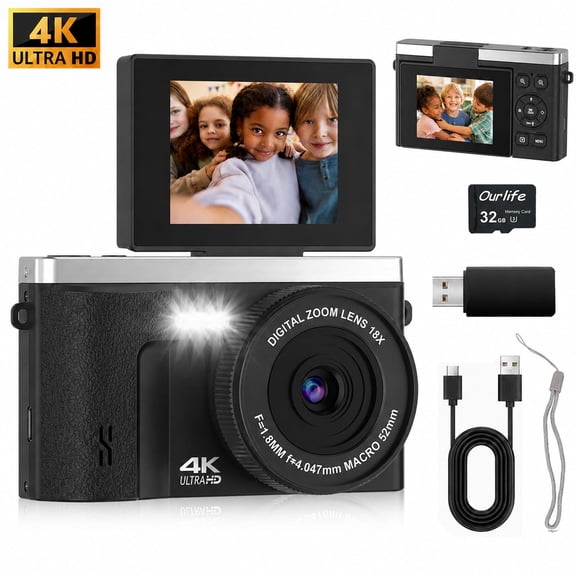 Ourlife Digital Camera for Kids, 4K 48MP Point and Shoot Camera with 2.0" Flip Screen, 18X Digital Zoom, Anti Shake, 32GB Memory Card, Compact Camera for Teens & Beginners, Black