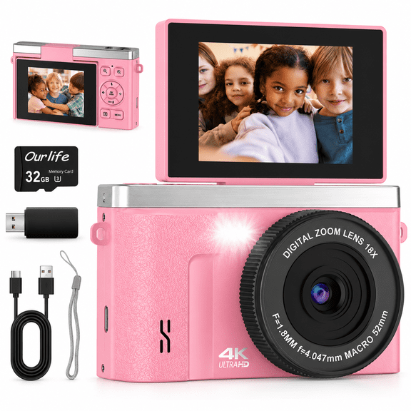 Ourlife Digital Camera 4K 48MP Point and Shoot Camera, 2" Flip Screen, 18x Digital Zoom, Anti-Shake, 32GB Card, for Teens & Beginners, Pink