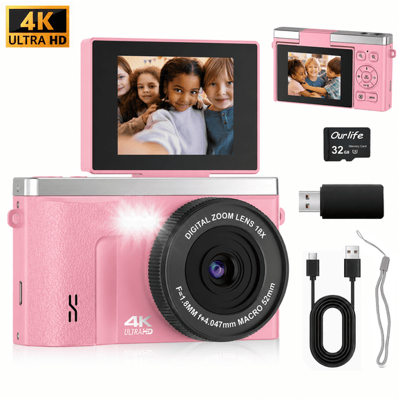Ourlife Digital Camera for Kids, 4K 48MP Point and Shoot Camera with 2.0" Flip Screen, 18X Digital Zoom, Anti Shake, 32GB Memory Card, Compact Camera for Teens & Beginners, Pink
