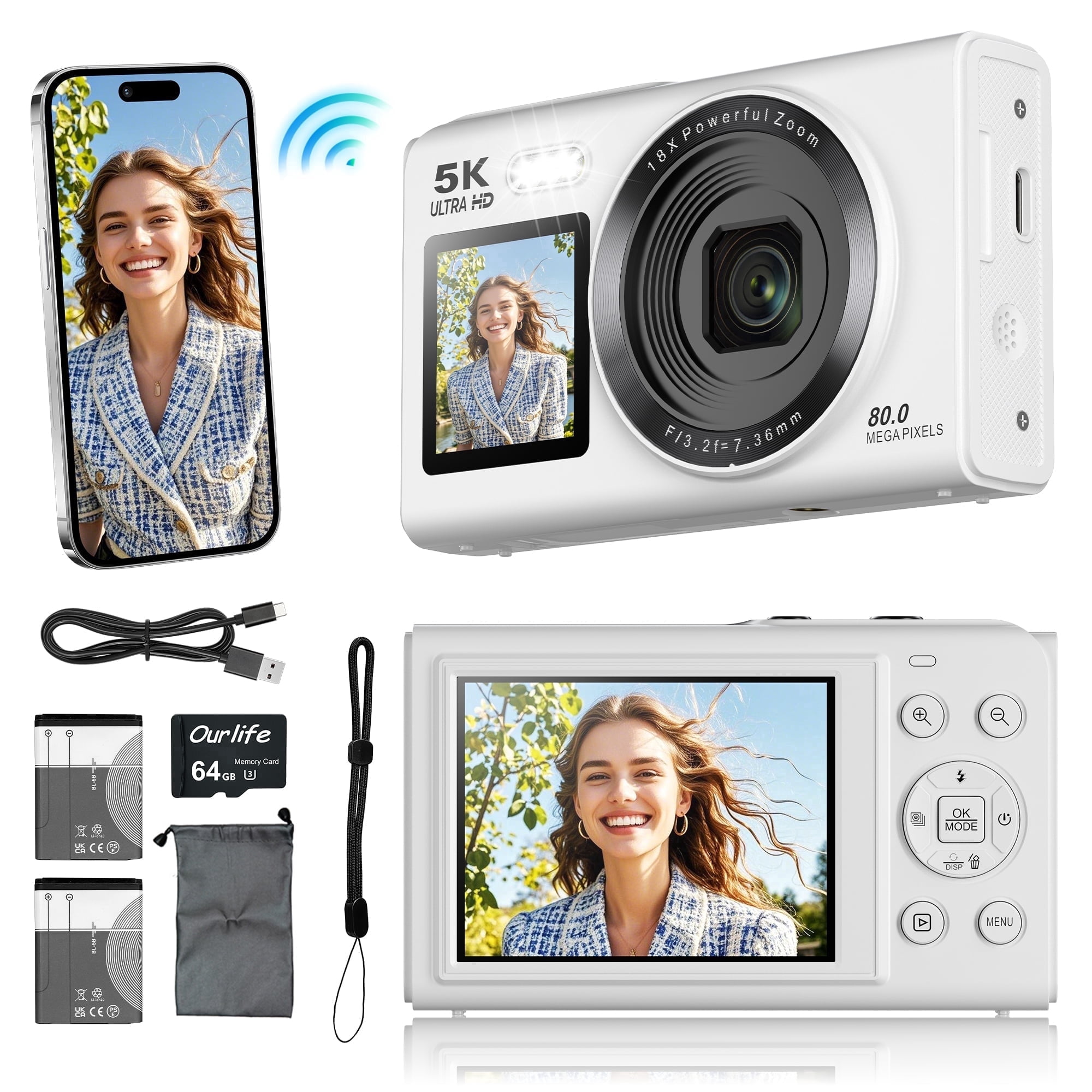 Digital Camera 5K 80MP 18X Zoom with Dual Screen Vlogging Camera, Autofocus WiFi Compact Camcorder Face Detection Beauty Mode for YouTube TikTok Content Creator 64GB Card & 2 Batteries White