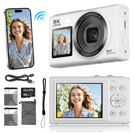 Digital Camera 5K 80MP 18X Zoom with Dual Screen Vlogging Camera, Autofocus WiFi Compact Camcorder Face Detection Beauty Mode for YouTube TikTok Content Creator 64GB Card & 2 Batteries White