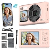 5K Digital Camera, 80MP Autofocus Dual-Screen WiFi Vlogging Camera for Beginner ,Compact Travel Camera 18X Digital Zoom, 64GB Card, 2 Batteries, Pink