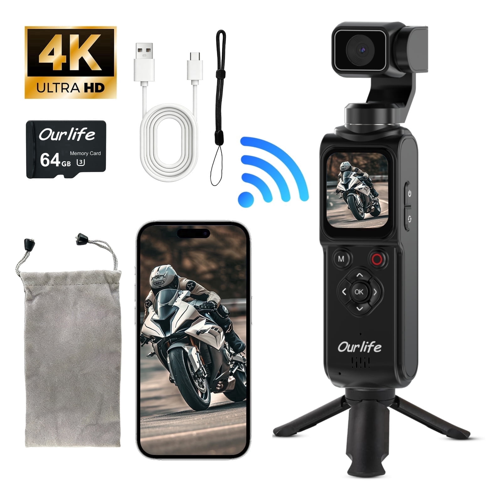 Ourlife Handheld Gimbal WIFI Camera 4K - 64MP Autofocus, 18x Zoom, Touchscreen, Face Tracking, Action Cam Travel Pocket Vlogging Camera with 64GB Card, Gunmetal
