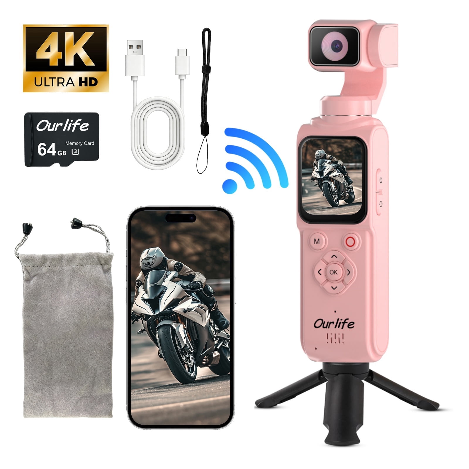 Ourlife Handheld Gimbal WIFI Camera 4K - 64MP Autofocus, 18x Zoom, Touchscreen, Face Tracking, Action Cam Travel Pocket Vlogging Camera with 64GB Card, Pink