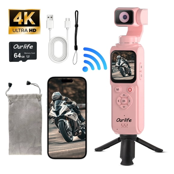 Ourlife Handheld Gimbal WIFI Camera 4K - 64MP Autofocus, 18x Zoom, Touchscreen, Face Tracking, Action Cam Travel Pocket Vlogging Camera with 64GB Card, Pink