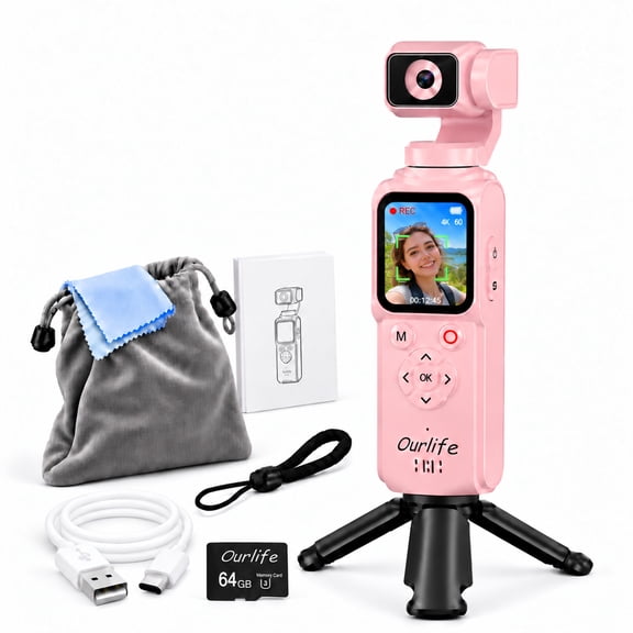 Ourlife 4K Compact Vlogging Camera with Handheld Gimbal & Desktop Tripod, Auto Face Tracking, 18X Zoom, Touchscreen, Wifi, 64GB Card, Pink