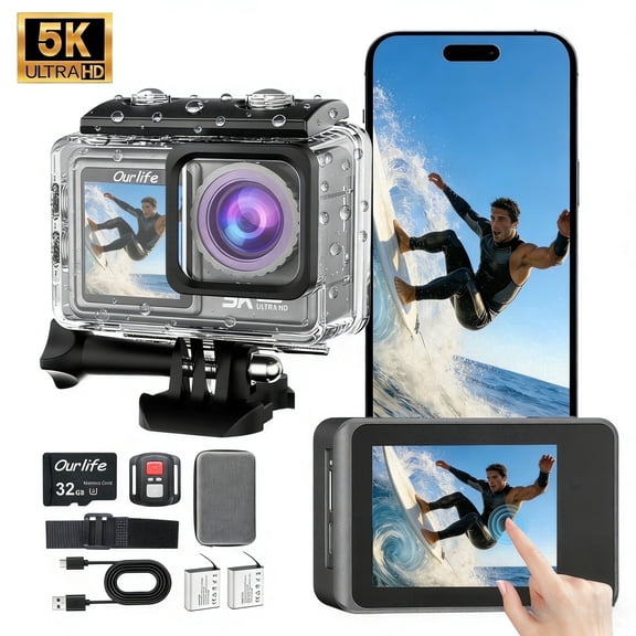 Outlife 5K Action Camera, Waterproof 100FT, EIS 6-Axis Stabilization, WiFi Remote, Dual Screen Sports Cam
