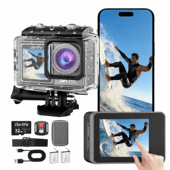 Outlife 5K Action Camera, Waterproof 100FT, EIS 6-Axis Stabilization, WiFi Remote, Dual Screen Sports Cam
