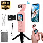 Ourlife 4K Pocket Gimbal Camera for YouTube Vlogging, AI Face Tracking, 75MP, 330-Degree Rotating Lens, 1.72-Inch Touchscreen, 64GB, Pink