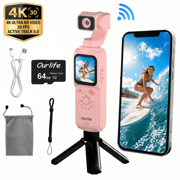 Ourlife 4K Pocket Gimbal Vlogging Camera, AI Face Tracking Recognition, 75MP, 330° Rotating Lens, 1.72" Touchscreen, 2400mAh, 64GB, Pink