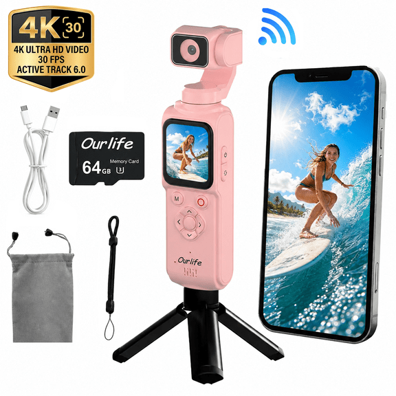 Ourlife Pink 4K Pocket Gimbal Camera, 330° Rotation, 1.72" Touch Screen, Face Tracking, 2400mAh Battery, 64GB Card, for Content Creators