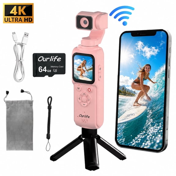 Ourlife Pink 4K Vlogging Camera, Pocket Gimbal Camera with 330° Rotation, 1.72" Touch Screen, Face Tracking, 2400mAh Ultra-Long Battery Life, Travel Digital Video Camera for YouTube TikTok Creators