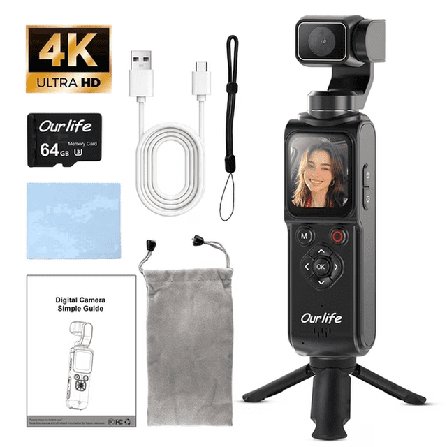 Ourlife Pocket Vlogging Camera with 2-Axis Gimbal, 330° Rotating Head ...