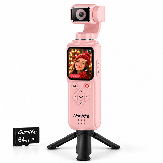 Ourlife Pocket Vlogging Camera with 2-Axis Gimbal, 330° Rotating Head ...