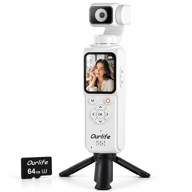 Ourlife 4K Pocket Vlogging Camera, 330° Rotation, Face Tracking, White ...