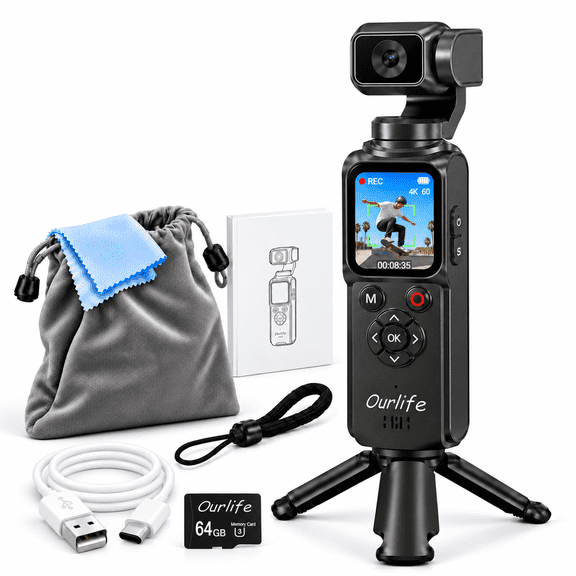 Ourlife Pocket Vlogging Camera with Handheld Gimbal, 4K Video, Auto Face Tracking, 18X Zoom, Touchscreen, WiFi, 64GB Card, Gunmetal